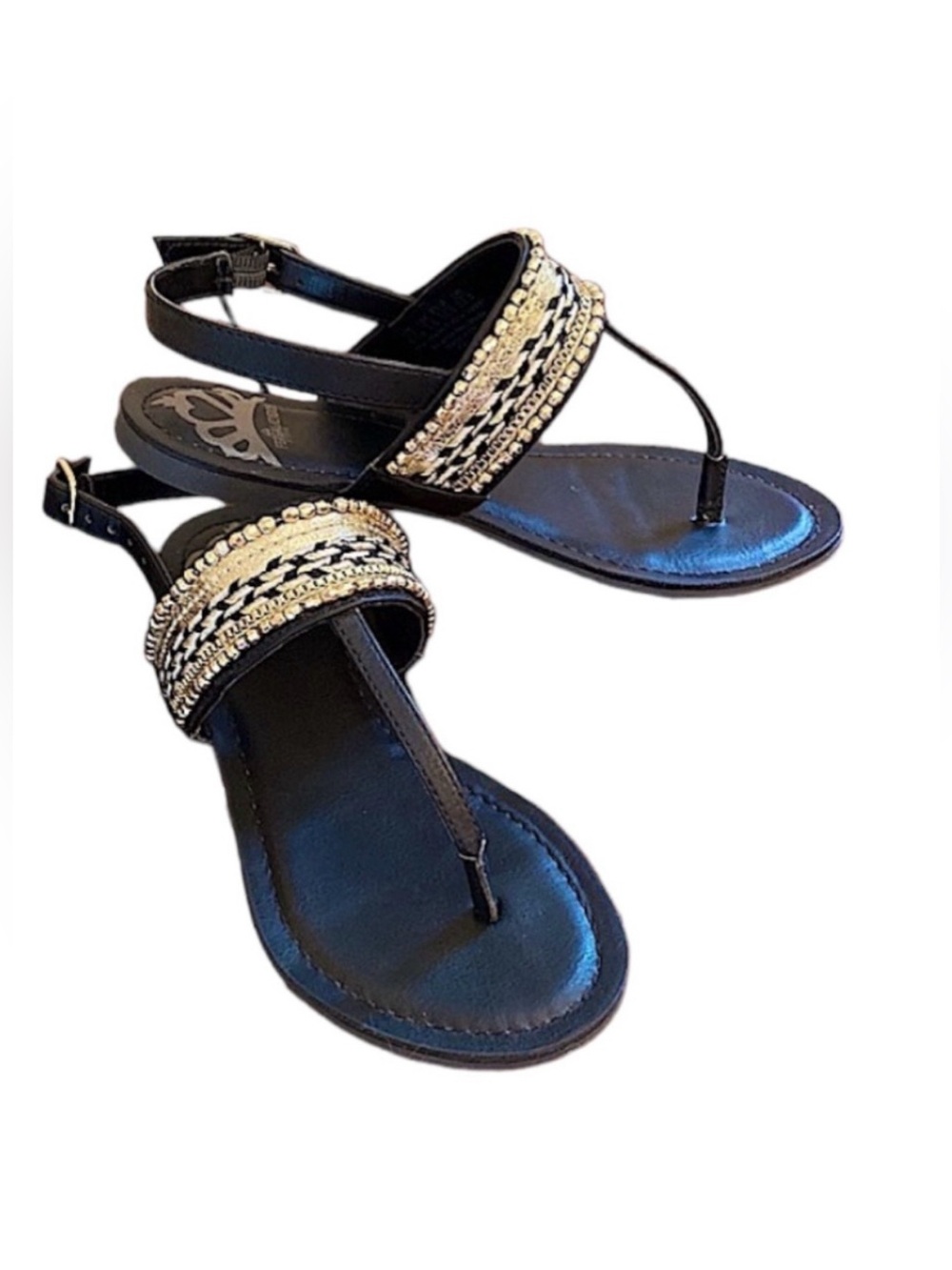 Fergalicious Frazzle Black Size 5.5M Beaded Bling Boho Chic Gladiator Sandals